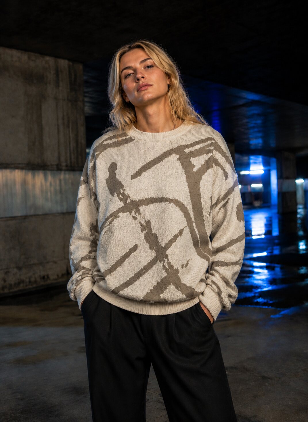 Modelo vistiendo el suéter Merkoes en un entorno urbano nocturno